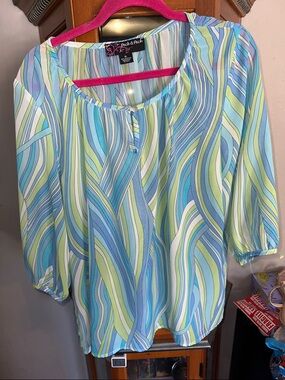 Peck & Peck Y2K Wave-Print Blouse in Blue and Green
